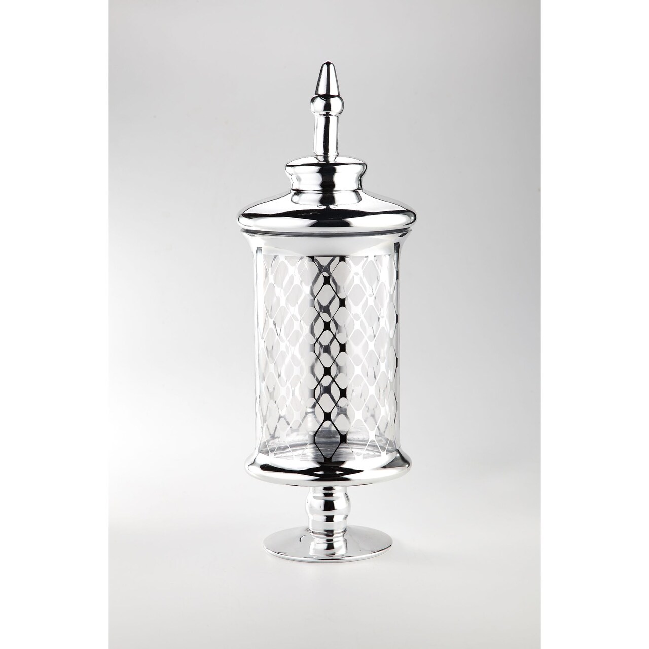 CC Home Furnishings 21" Clear and Silver Mesh Design Glass Jar with Finial Lid and Pedestal